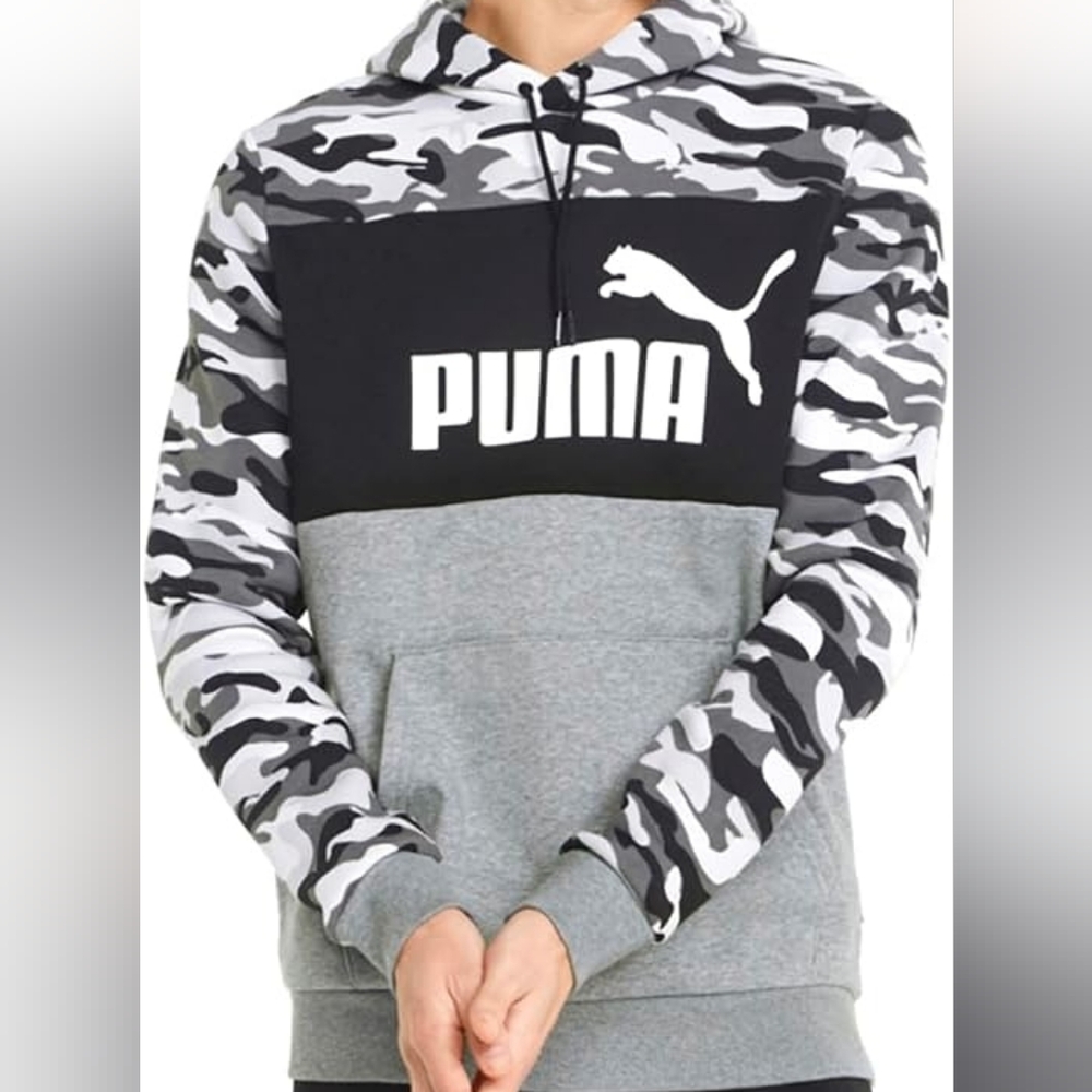 Puma Men's Pullover Sweater Drawstring Hoodie Pouch Grey Black L Army Fatigue